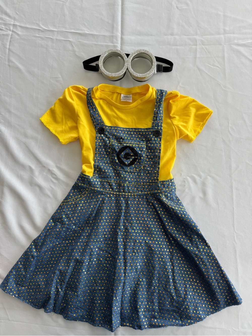 Minions inspo Yellow Tee & Blue Overall Dress Kids Costume w/ rhinestone goggles